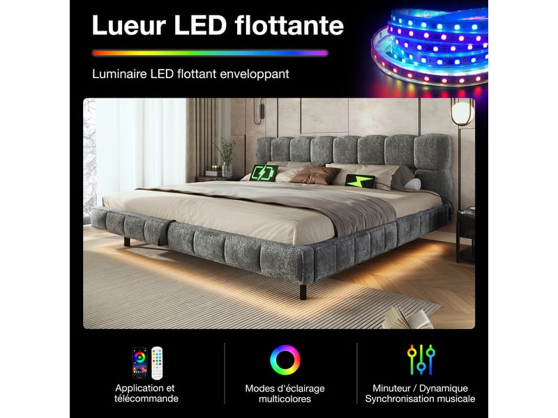  Lit double capitonné 140x190cm avec led et usbtype-c,design suspendu,lit coffre hydraulique avec tête de lit rembourrée,sommier à lattes,chenille,gris  - Conforama E