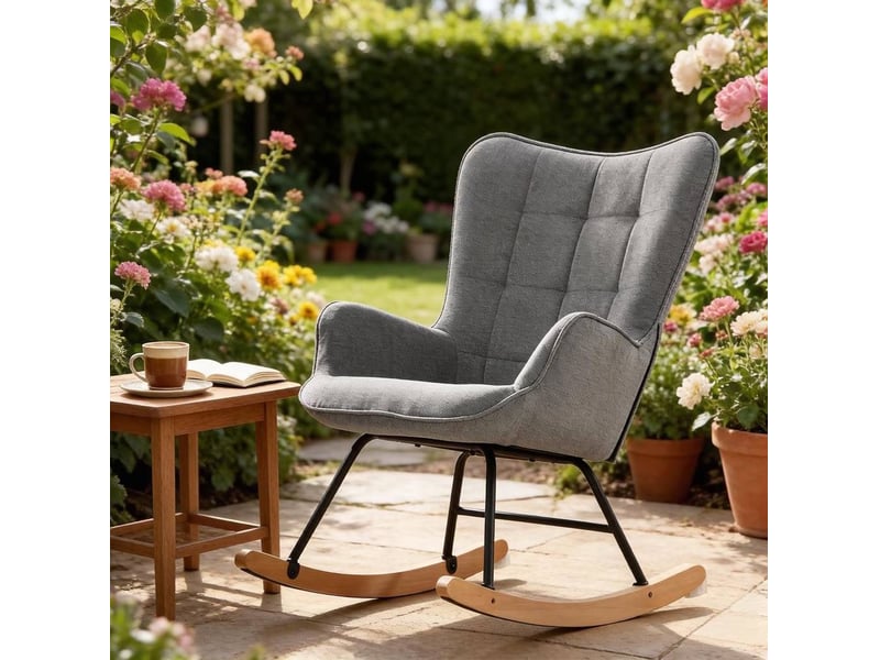  Fauteuil à bascule 67,5 x 65 x 95 cm gris foncé en velours, dossier haut et accoudoirs ergonomiques  - Conforama B