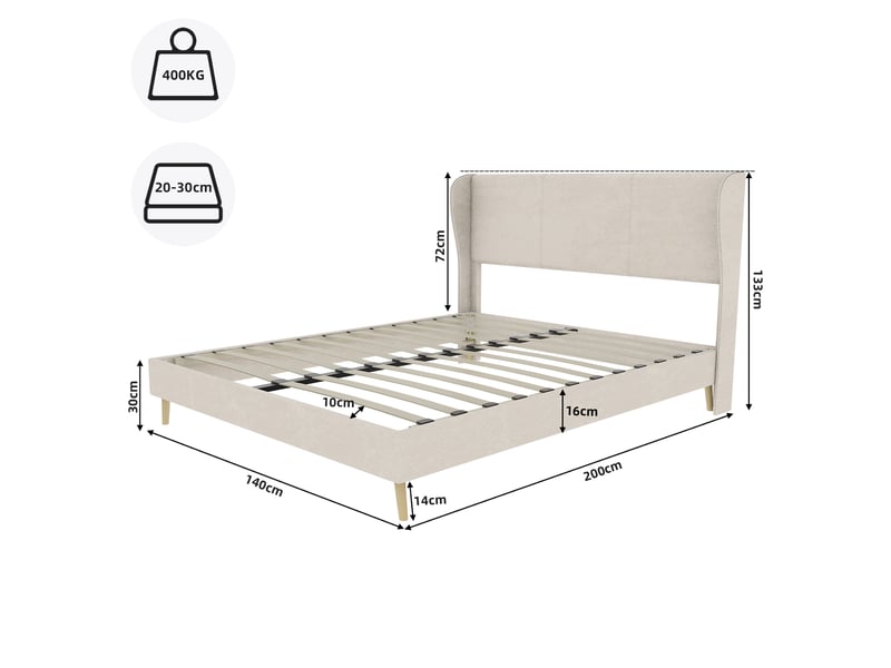  Lit adulte 140 x 200 cm, lit double, avec tête de lit et sommier, base basse, velours beige, sans matelas  - Conforama C