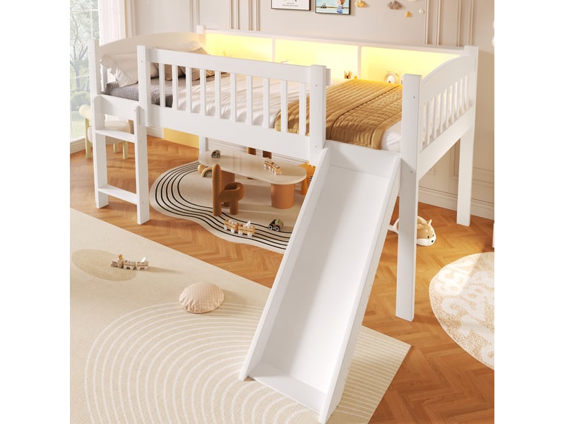  Lit surélevé enfant 90x200 cm avec toboggan, rangements et led blanc  - Conforama D