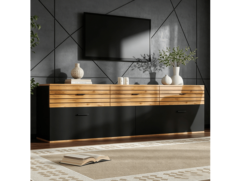  Meuble tv 168 x 38 x 59 cm, 3 tiroirs et 2 portes abattantes, noir et bois  - Conforama D