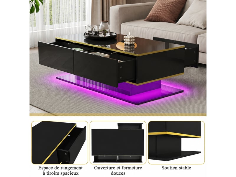  Table basse noire et dorée brillante avec 3 tiroirs et éclairage led, 100 x 50 x 40 cm  - Conforama E