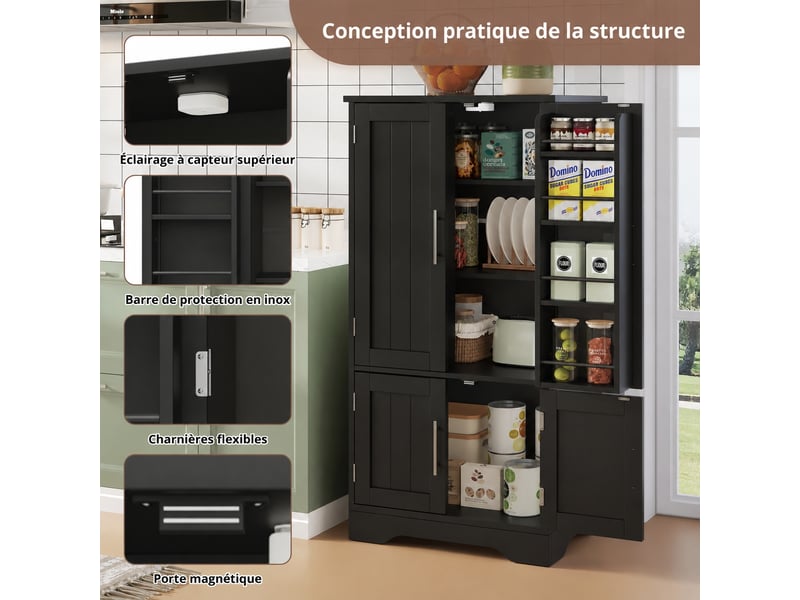  Armoire de cuisine noire avec éclairage led, meuble de rangement à quatre portes, 120 x 60 x 40  - Conforama B