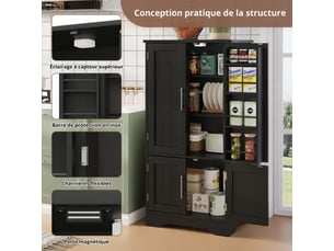 Armoire de cuisine noire avec éclairage led, meuble de rangement à quatre portes, 120 x 60 x 40