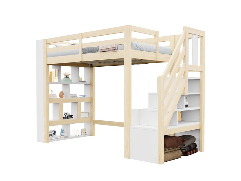  Lit mezzanine 90x200 cm coloris bois et blanc en mdf rangement led  - Conforama A