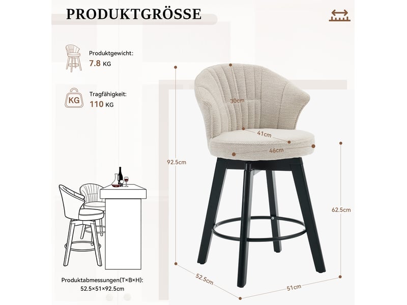  Lot de 2 tabourets de bar pivotants en chenille beige 52.5x51x92.5 cm  - Conforama C