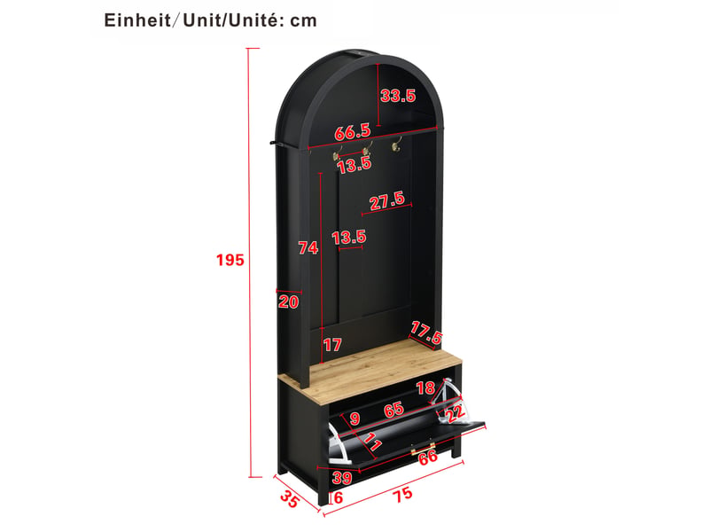  Meubles d'entrée avec patères, tablette et rangement à chaussures en mdf pour couloir, noir et bois, 75 × 35 × 195 cm  - Conforama E
