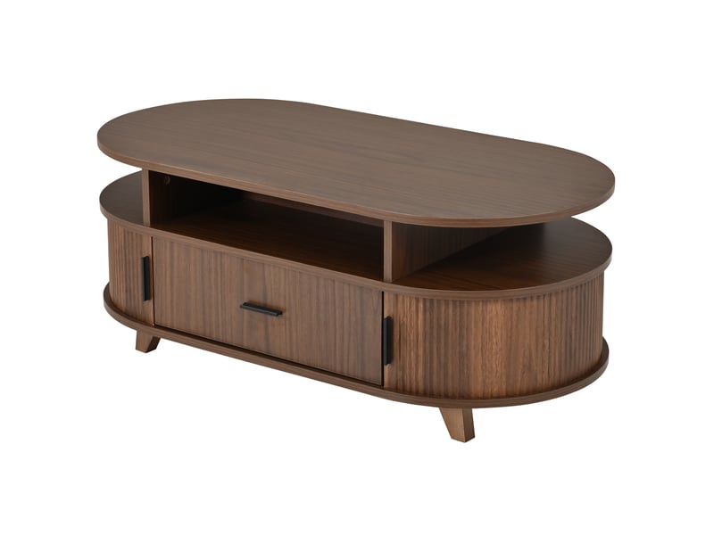 Table basse ovale avec tiroir et rangements, table salon, coloris noyer, 100x50x40 cm - Conforama E