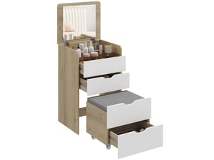 Station de maquillage 3 en 1 avec miroir pliant et tabouret, chêne blanc