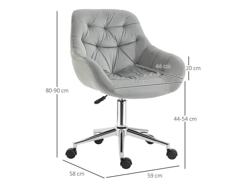  Fauteuil de bureau pivotant ergonomique à hauteur réglable et roulettes, revêtement en velours, 59 x 58 x 80-90 cm, gris  - Conforama E