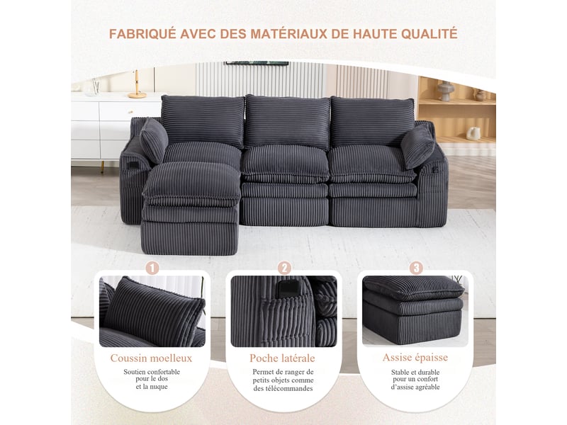 Canapé modulable 3 places en velours côtelé gris foncé 263x167x85 cm avec pouf, coussins et poches latérales 263x167x85cm - Conforama D