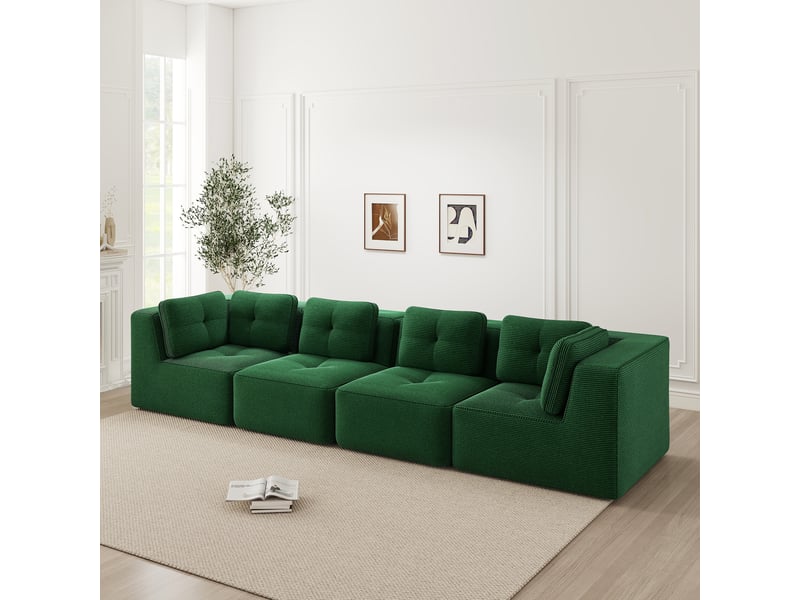 Canapé d'angle modulaire en corduroy avec assise basse et base antidérapante, vert - Conforama B
