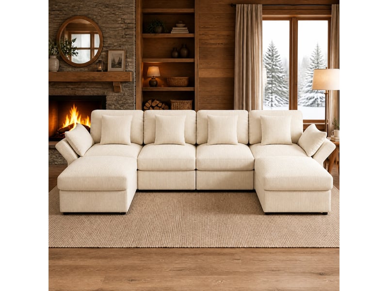  Canapé panoramique en u 4-6 places, accoudoirs réglables  - 2 poufs, velours côtelé beige 290 × 159,5 × 89 cm  - Conforama C