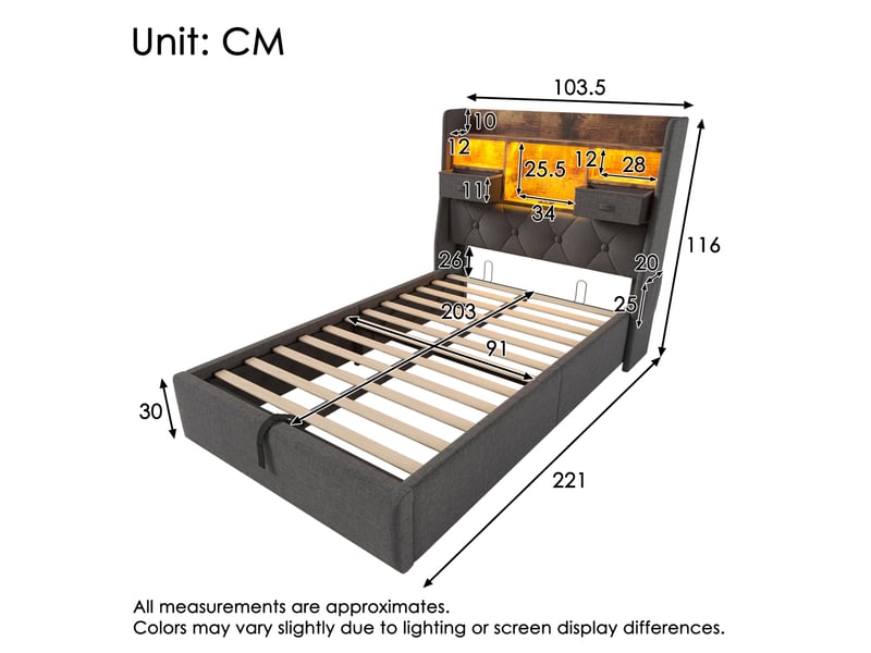  Lit coffre 90 × 200 cm 1 place avec led, 3 ports usb, usb-c et rangements, matelas inclus, en lin gris  - Conforama D