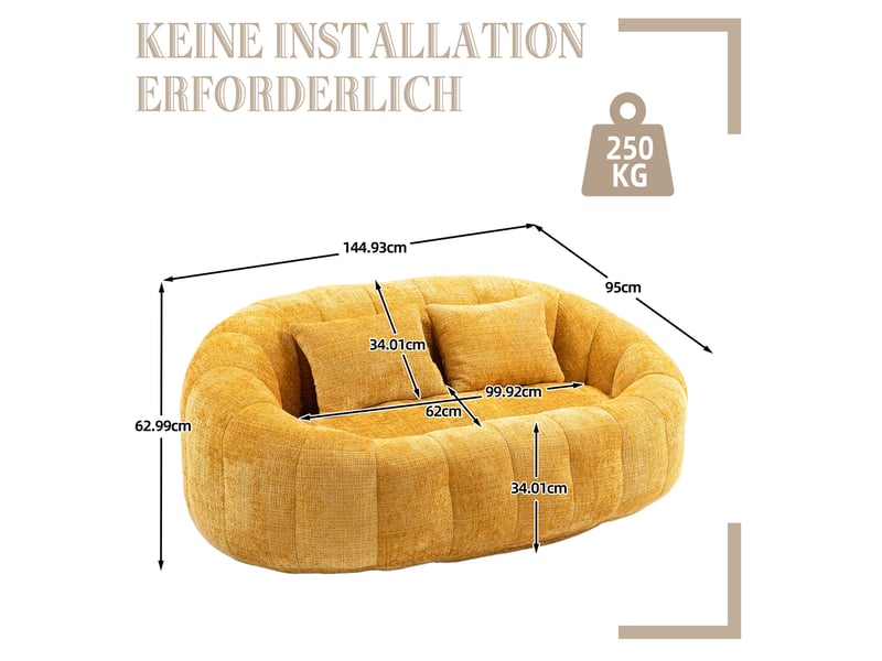  Canapé pouf fixe 2 places jaune en tissu, dossier haut enveloppant et mousse souple pour se détendre  - Conforama C