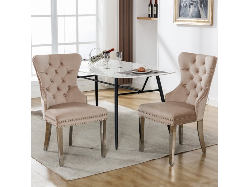  Chaises de salle à manger en velours beige 2 pièces, heurtoir décoratif, clous et pieds en métal  - Conforama B