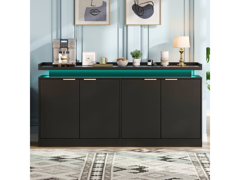 Buffet 4 portes avec éclairage led rgb et rangements - lpospi - étagères fixes mdf noir 160 × 39 × 83 cm  - Conforama C