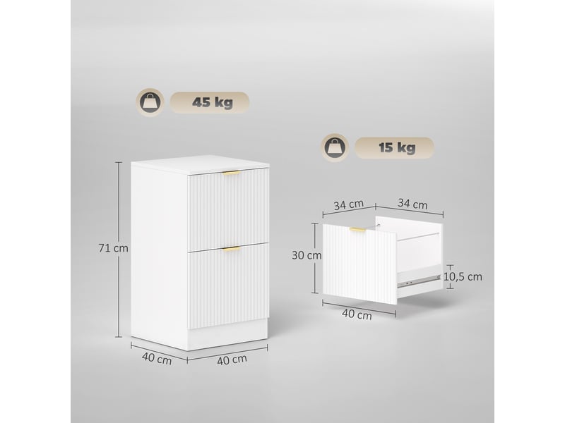  Caisson de bureau à 2 tiroirs, façades cannelées, classeur pour documents a4 ou lettre, 40 x 40 x 71 cm, blanc  - Conforama D