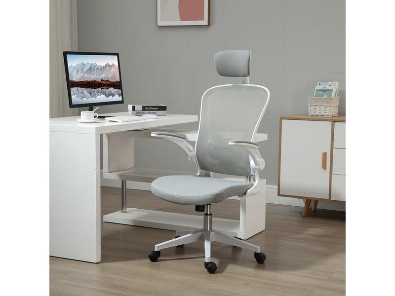  Fauteuil bureau ergonomique bascule, dossier haut, lombaire, appui-tête, accoudoirs rabattables, gris, 65x64x114-122 cm.  - Conforama D