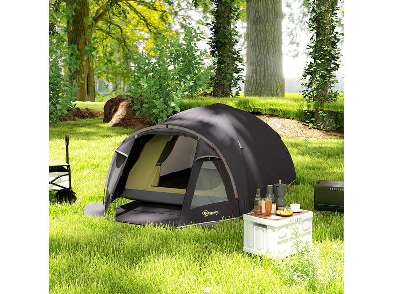  Tente de camping 2 places légère et stable avec protection uv 50+, tente tunnel avec auvent, porte latérale et fenêtre, noire  - Conforama D