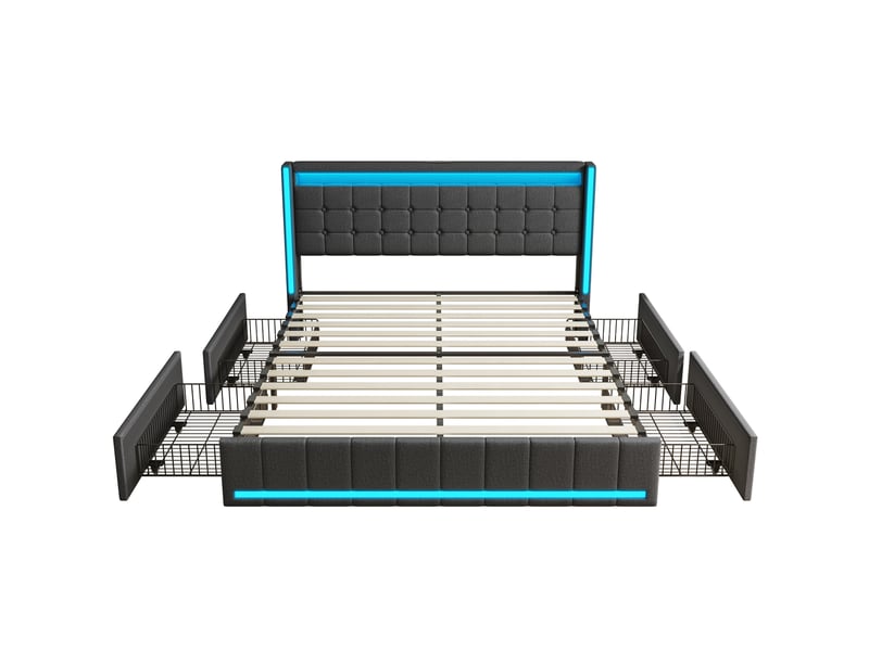 Lit adulte 140x190 avec 4 tiroirs de rangement et led rgb - tête de lit connectée usb & usb-c - tissu gris foncé moderne - Conforama A