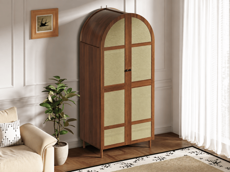  Armoire 2 portes battantes effet cannage, 1 tiroir et penderie, design arqué, 80 × 50 × 179 cm, noyer et bois naturel  - Conforama B