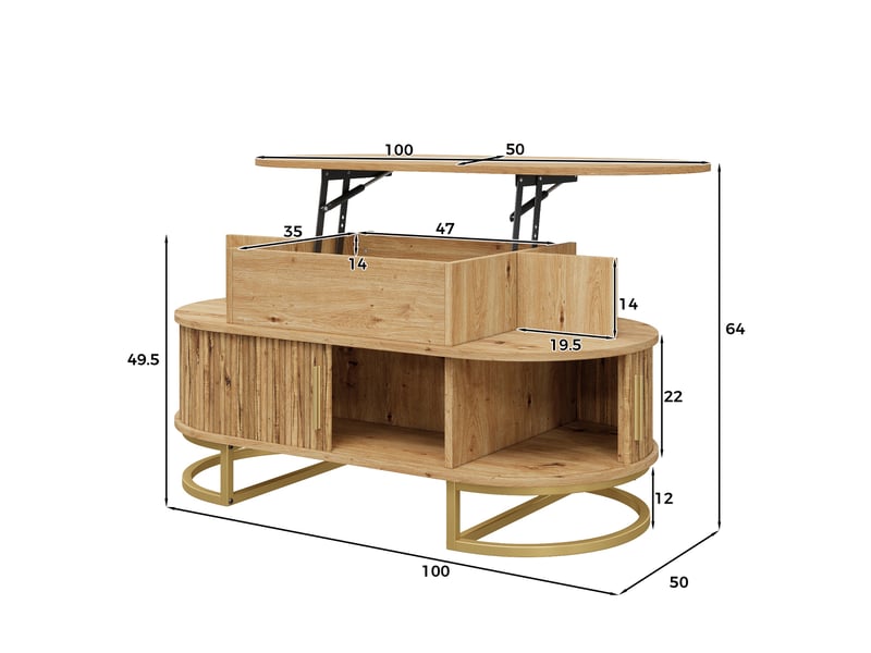  Table basse relevable, table de salon ovale avec rangement et portes coulissantes, mdf et pieds en acier doré 100x50x64cm, naturel  - Conforama E