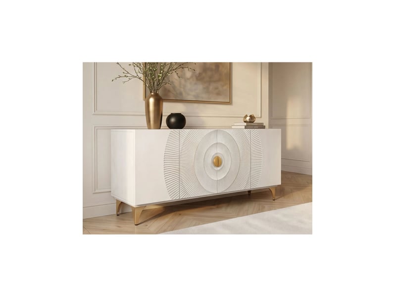 Buffet solaris 177 cm blanc et doré – 4 portes sculptées motif solaire en bois de manguier - Conforama B