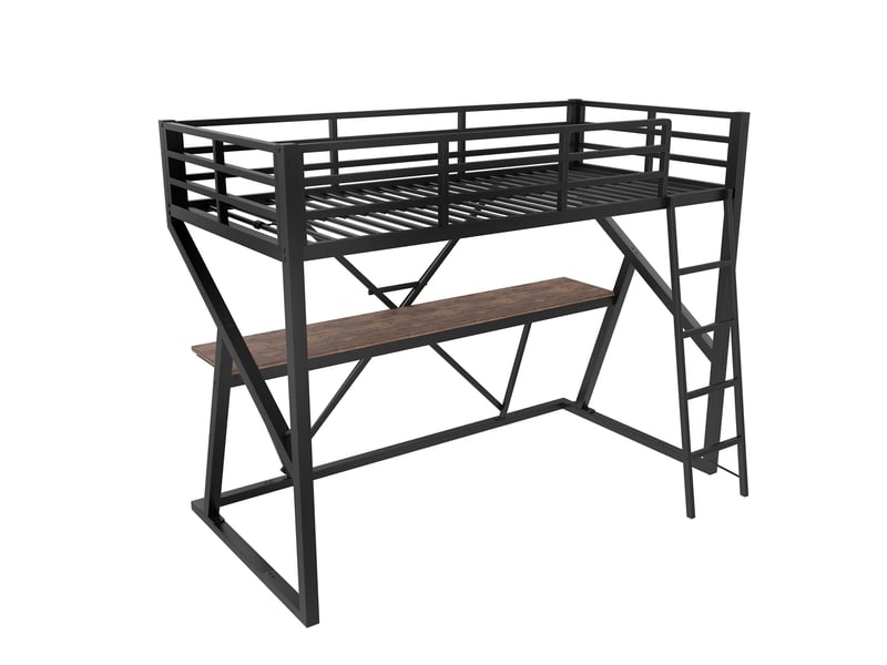  Lit mezzanine noir 90 × 200 cm, cadre métal, bureau, led, escalier et garde-corps  - Conforama D