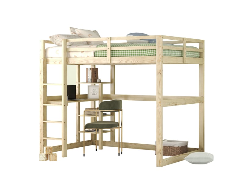 Lit mezzanine 140 x 200 cm avec bureau et 4 compartiments de rangement, structure en pin, coloris naturel - Conforama A