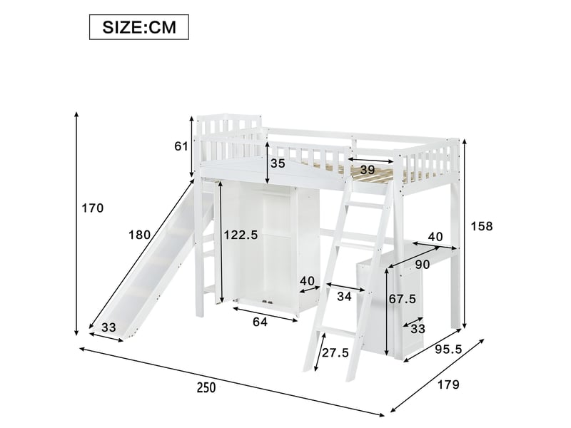  Lit superposé enfant 90x200 cm, avec toboggan, bureau et armoire, rangements intégrés, bois et mdf, blanc, sans matelas  - Conforama C