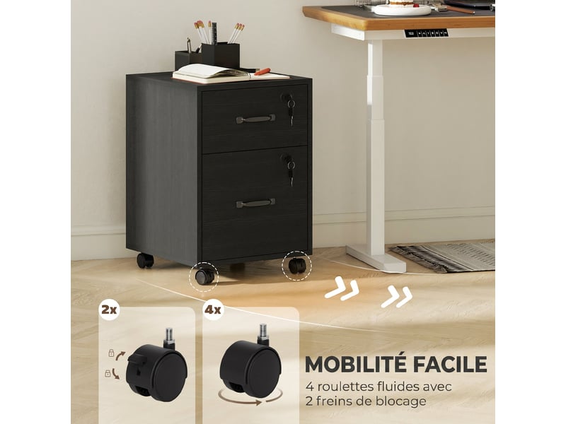  Caisson bureau mobile à 2 tiroirs, meuble rangement bureau sur roulettes pour documents suspendus format lettre, noir  - Conforama R