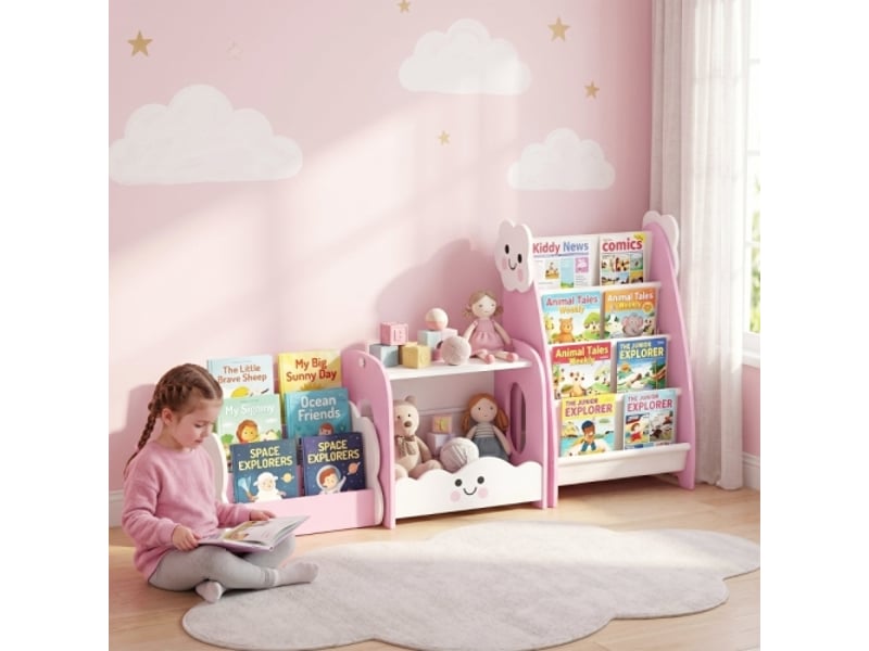 Meuble rangement enfant 3 en 1 rose, bibliothèque modulable, 4 poches, 3 niveaux, table de chevet - Conforama B