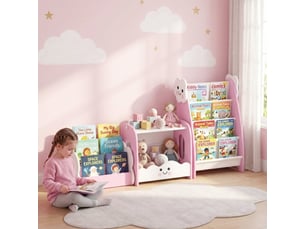 Meuble rangement enfant 3 en 1 rose, bibliothèque modulable, 4 poches, 3 niveaux, table de chevet