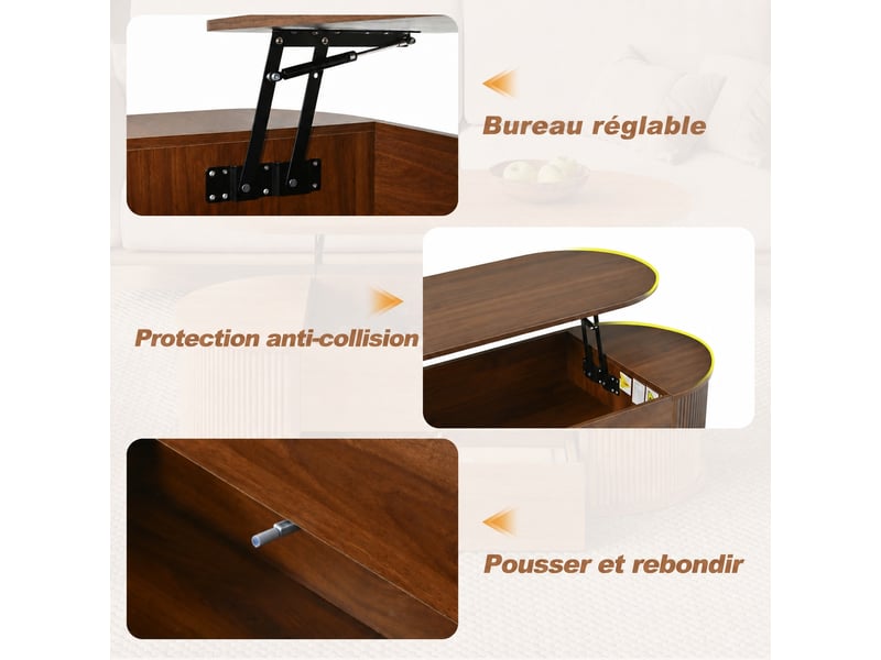  Table basse relevable ovale avec espace de rangement caché et 1 tiroir, finition couleur noyer clair, 100x50x35 cm, design scandinave  - Conforama W