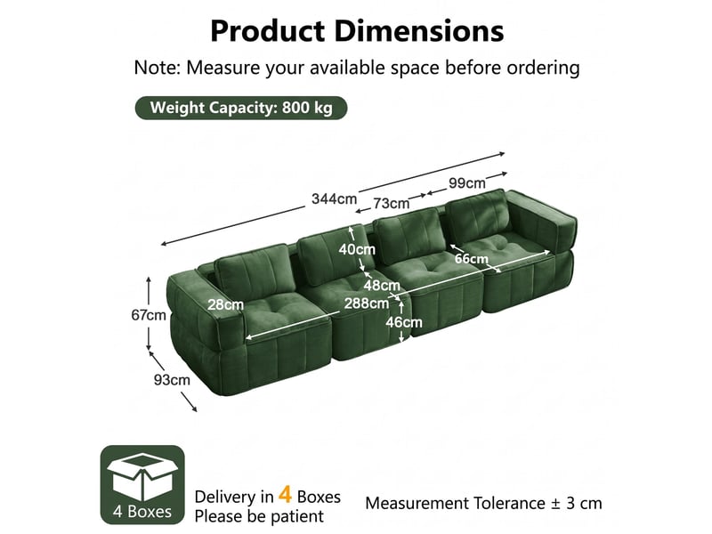 Canapé 4 places, revêtement en tissu, sans assemblage, vert - Conforama D