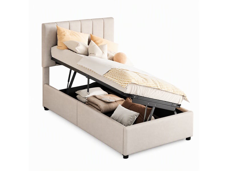  Lit enfant 90x200 cm rembourré en tissu lin, tête de lit à stries verticales avec hauteur réglable, coffre de rangement hydraulique, structure stable  - Conforama A