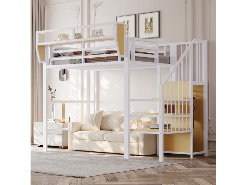 Lit mezzanine 90x200 cm avec échelle de sécurité et étagère modulable blanc - Conforama D