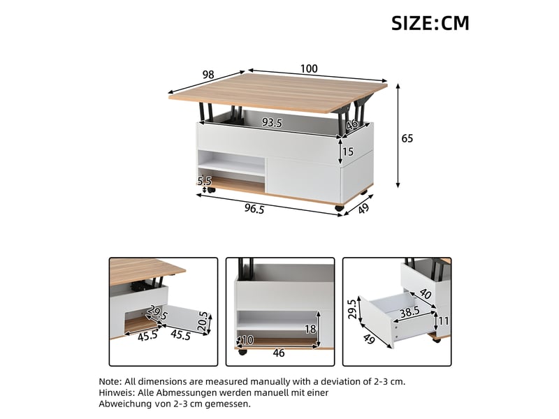 Table basse 100 x 98 x 65 cm, réglable en hauteur, avec rangement dissimulé et étagère, table de salon à roulettes et tiroirs, table à manger multifonctionnelle avec grand espace de rangement, blanc et bois naturel  - Conforama C