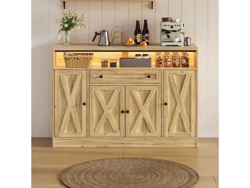 Buffet led avec tiroir, rangements de porte et 4 portes grange, 140 x 35 x 95 cm - Conforama B