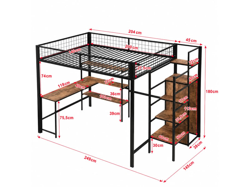  Lit mezzanine 140 x 200 cm avec bureau, armoire et étagères, métal et mdf, noir et marron, sans matelas  - Conforama C