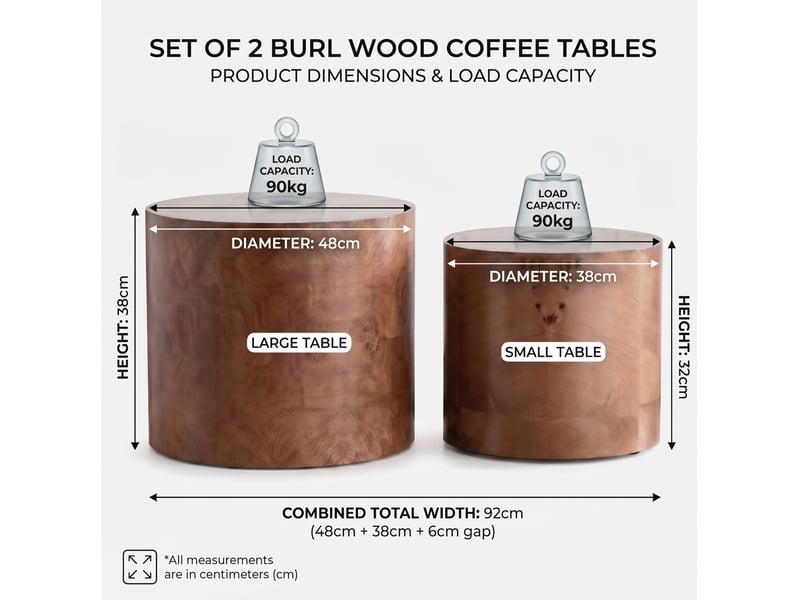  Lot de 2 tables basses gigognes rondes ø48 cm et ø38 cm décor loupe brun foncé  - Conforama C