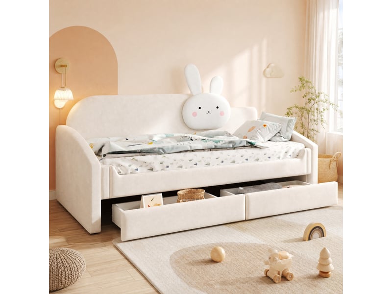  Lit enfant type canapé rembourré 90 x 200 cm, 2 tiroirs, led, velours beige  - Conforama B