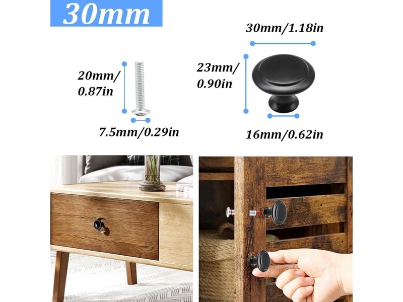  Pack de 12 boutons de meuble ronds métalliques en forme de champignon, poignées noires de 30 mm avec vis pour tiroirs et commodes  - Conforama A