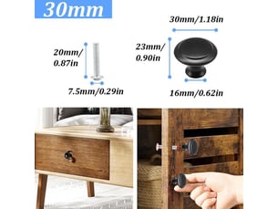 Pack de 12 boutons de meuble ronds métalliques en forme de champignon, poignées noires de 30 mm avec vis pour tiroirs et commodes