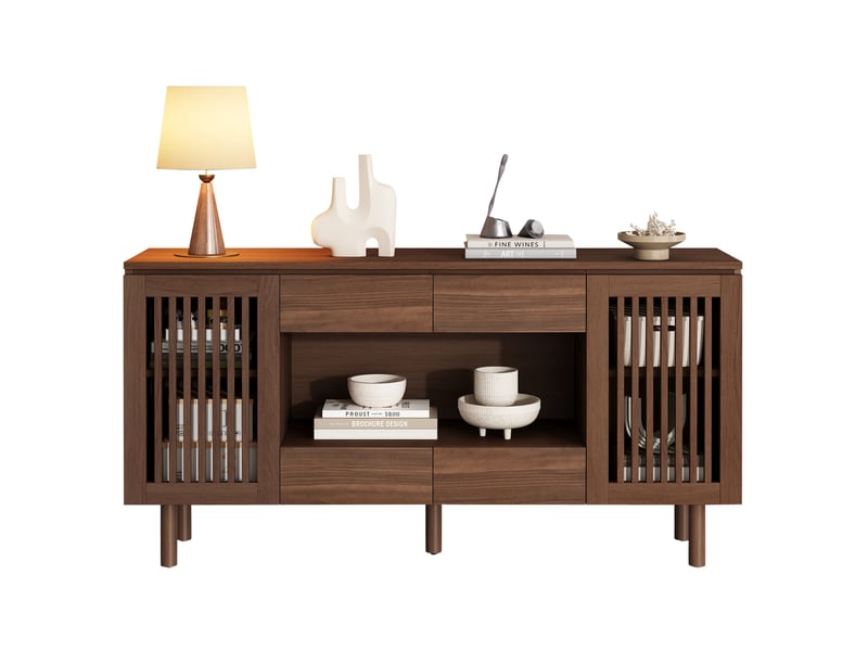  Buffet bas 140x35x71 cm 4 tiroirs 2 portes à lames, style scandinave, mdf, 5 pieds en bois, charge 70 kg noyer  - Conforama A
