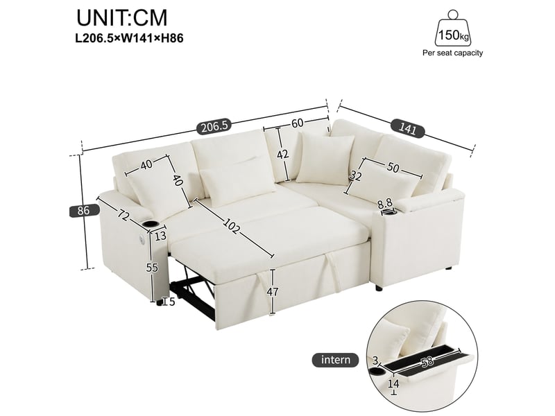  Canapé d'angle convertible 4 places en velours côtelé beige, rangement et usb, méridienne droite fixe  - Conforama C