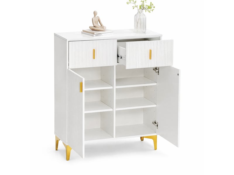  Buffet avec 2 portes, 2 tiroirs et 2 étagères réglables, en panneaux de particules blancs, 83 × 101 × 35 cm  - Conforama A