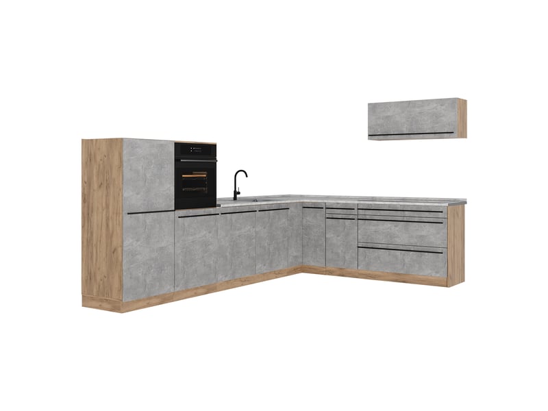  Vicco cuisine en angle, bétonchêne doré, 327 x cm plan de travail marbre  - Conforama A