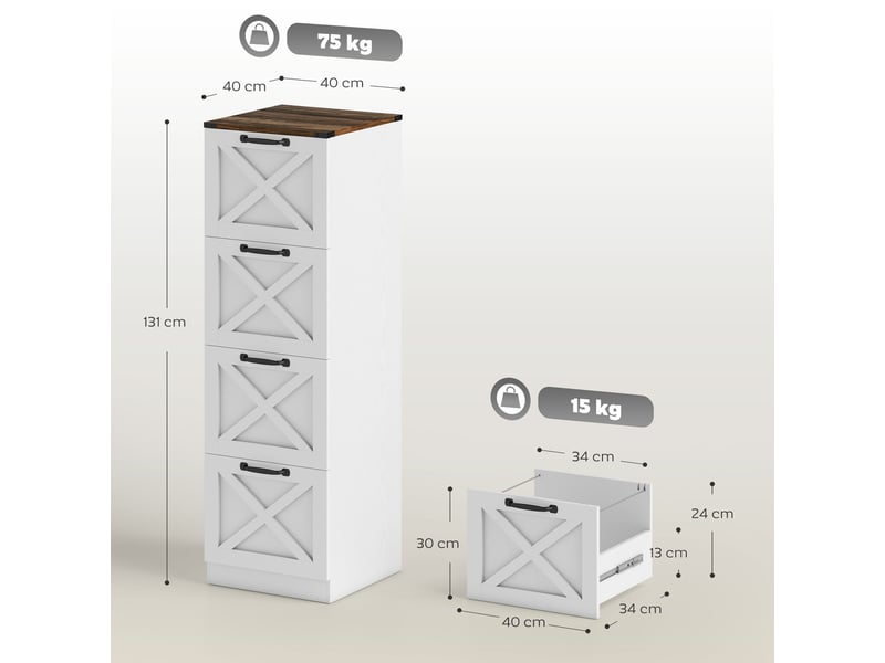  Caisson de bureau avec 4 tiroirs, dossiers suspendus pour formats lettrea4, style rustique, 40x40x131cm, blanc  - Conforama C